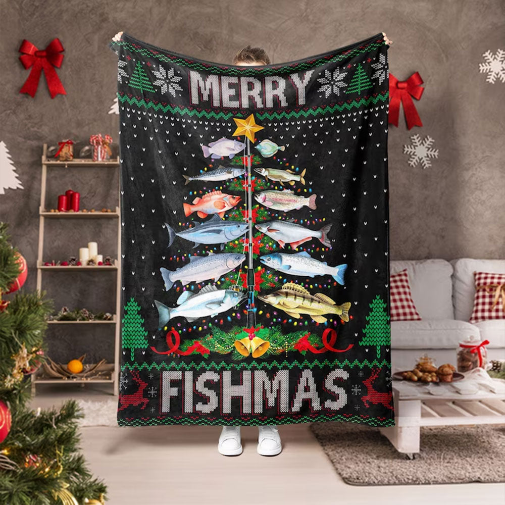 Frenzidea Fishing Christmas Merry Fishmas Blanket