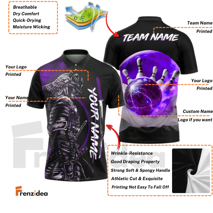 Frenzidea Bowling And Pins Red Moon Samurai Customized Name 3D Shirt (4 Colors)