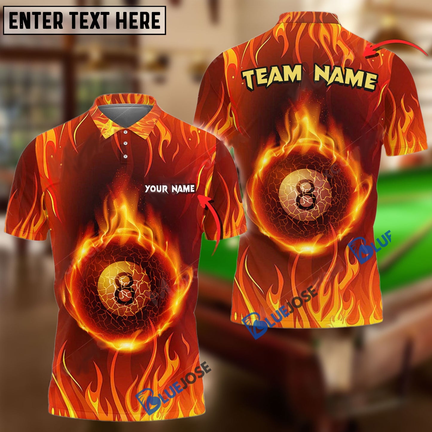 Frenzidea Billiard Ball 8 Fire Personalized Name, Team Name Unisex Shirt