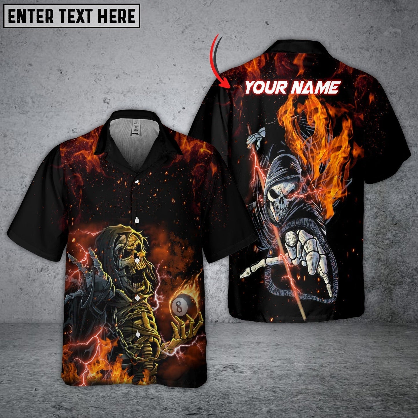Frenzidea Skull Fire Billiard Balls Fire Personalized Name Hawaiian Shirt