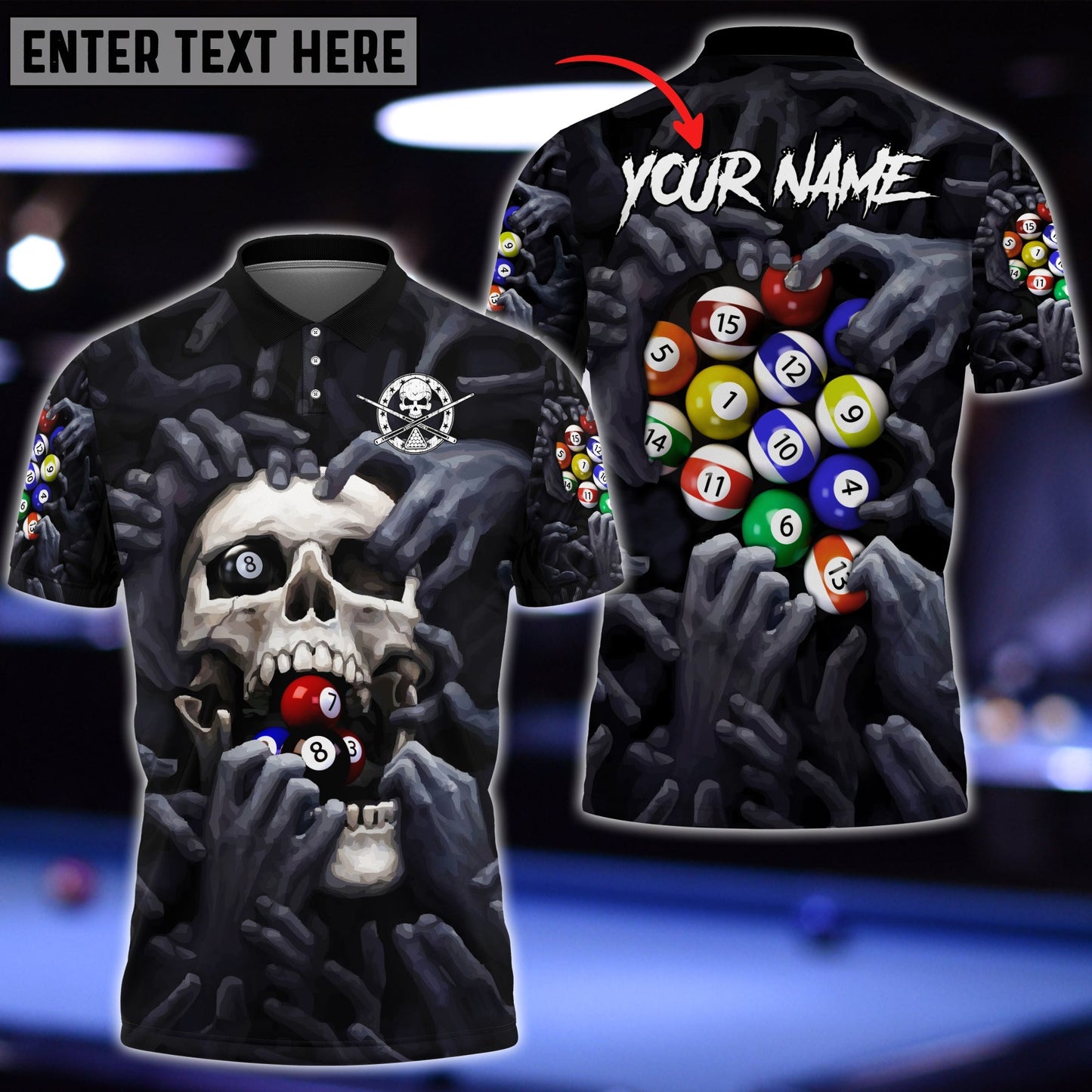 Frenzidea Personalized Name Billiard Ball Skull Polo Shirt