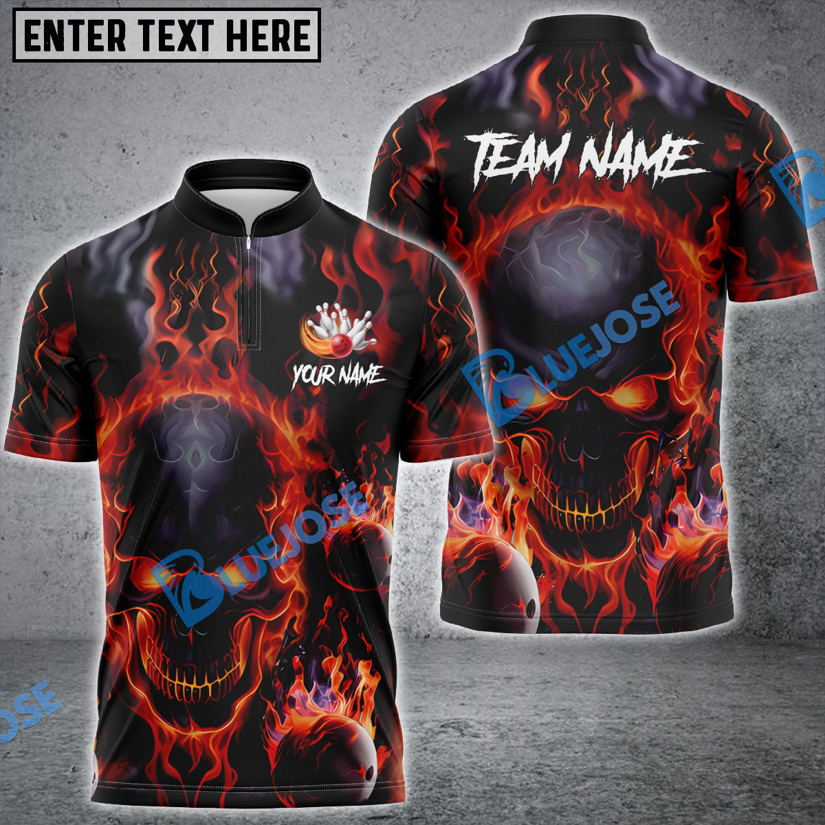 Frenzideas Bowling And Pins Flame Skull Multicolor Customized Name 3D Shirt ( 4 Colors )