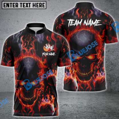 Frenzideas Bowling And Pins Flame Skull Multicolor Customized Name 3D Shirt ( 4 Colors )