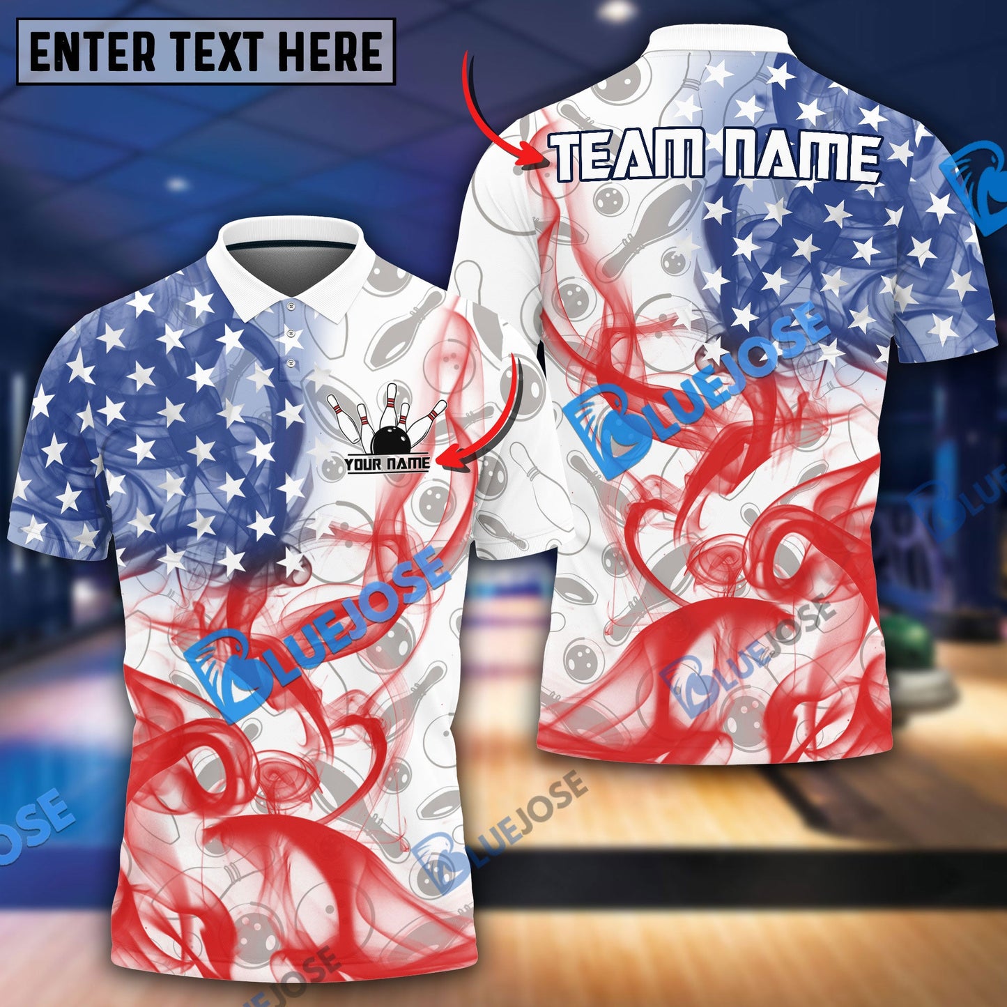 frenzideas Bowling And Pins Smoke American Flag Customized Name, Team Name 3D Shirt