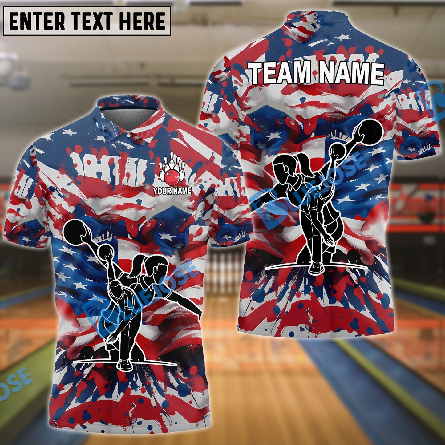 Frenzideas Bowling And Pins America Flag Paint Style Customized Name, Team Name 3D Shirt