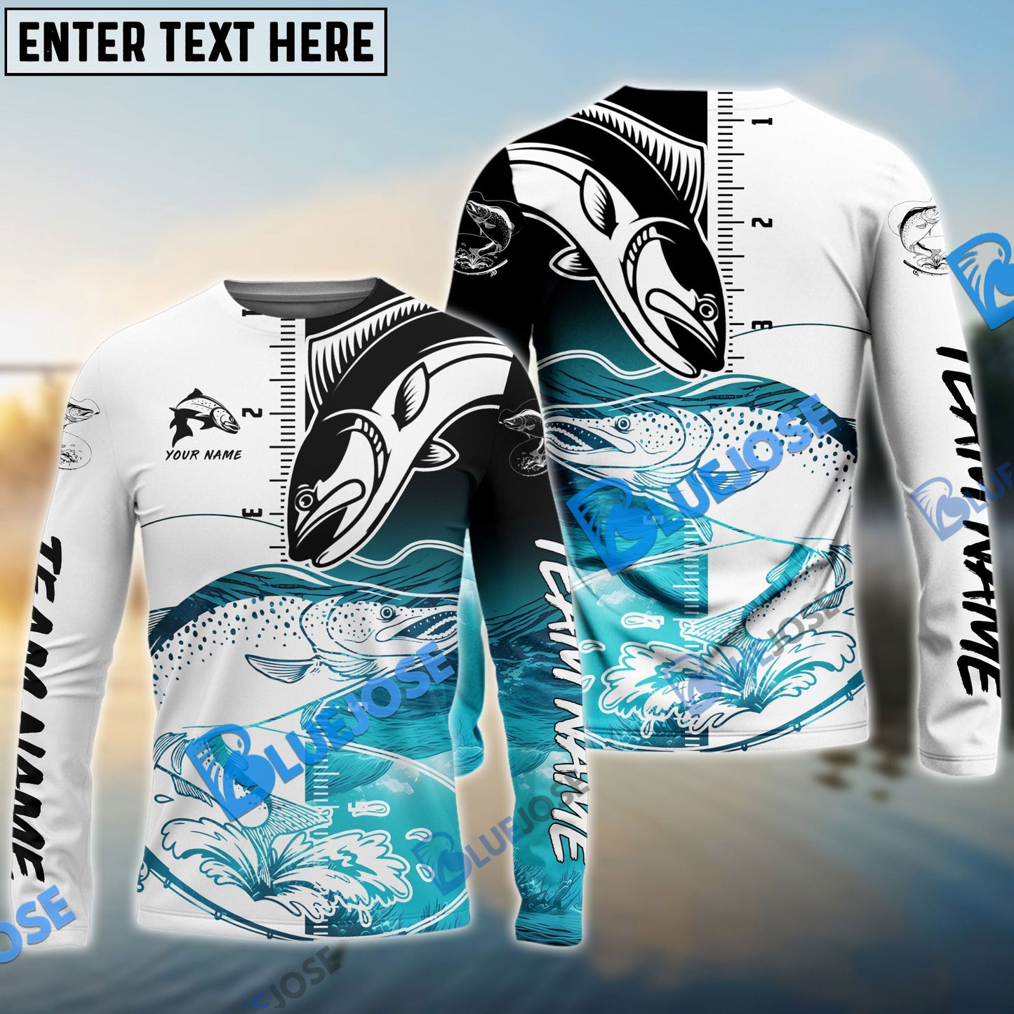 Frenzidea Salmon Fishing White Blue Water Custom Name & Team Name 3D Shirts