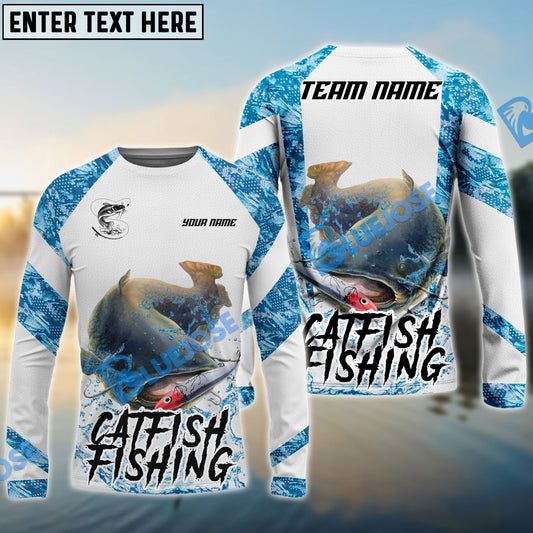 Frenzidea Catfish Fishing Blue Camo White Pattern Sport Custom Name & Team Name 3D Shirts