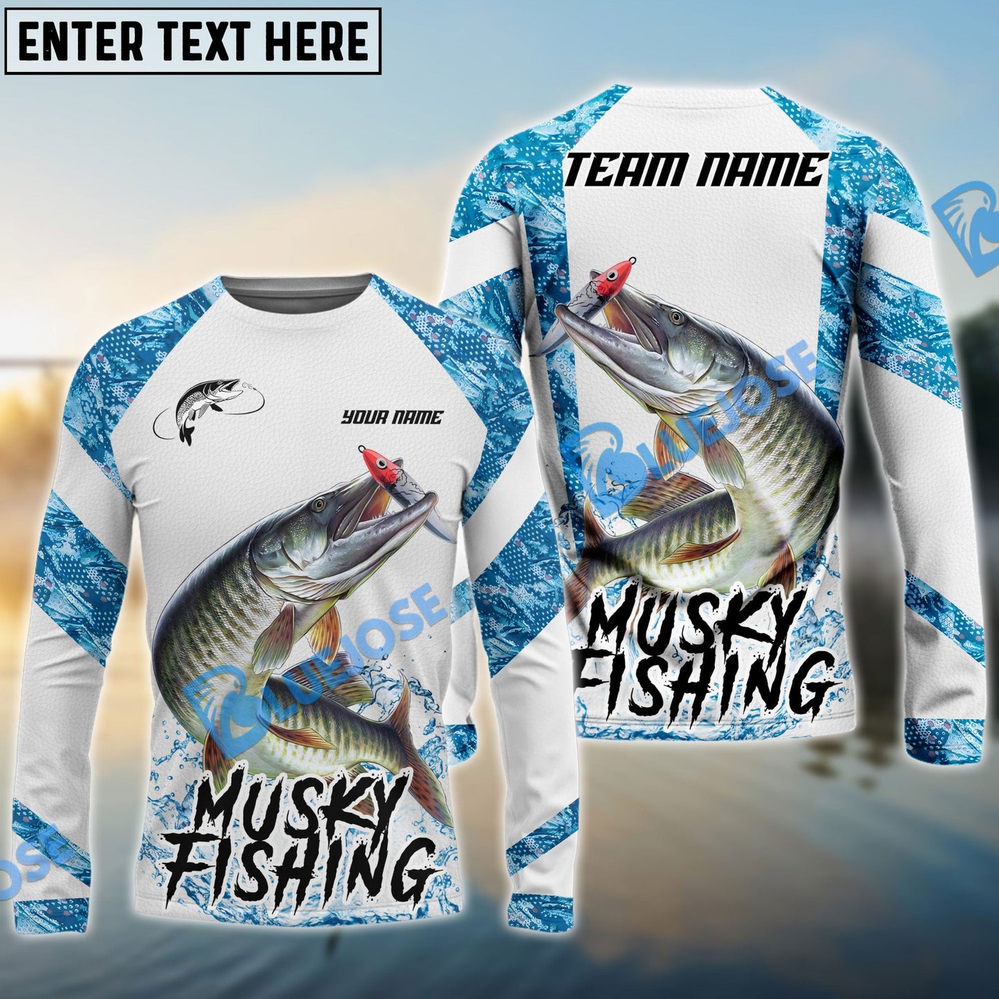 Frenzidea Musky Fishing Blue Camo White Pattern Sport Custom Name & Team Name 3D Shirts