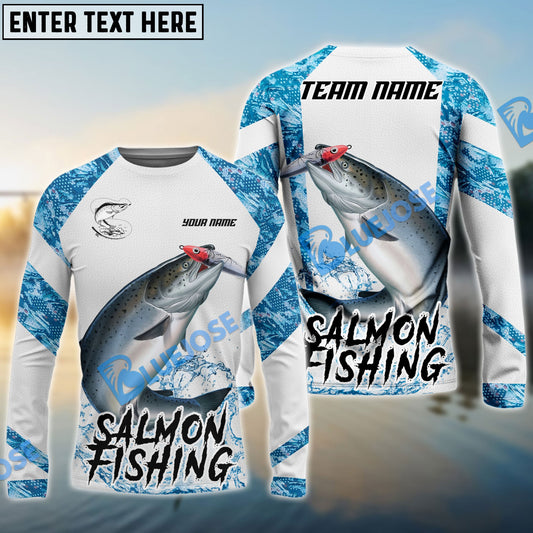 Frenzidea Salmon Fishing Blue Camo White Pattern Sport Custom Name & Team Name 3D Shirts