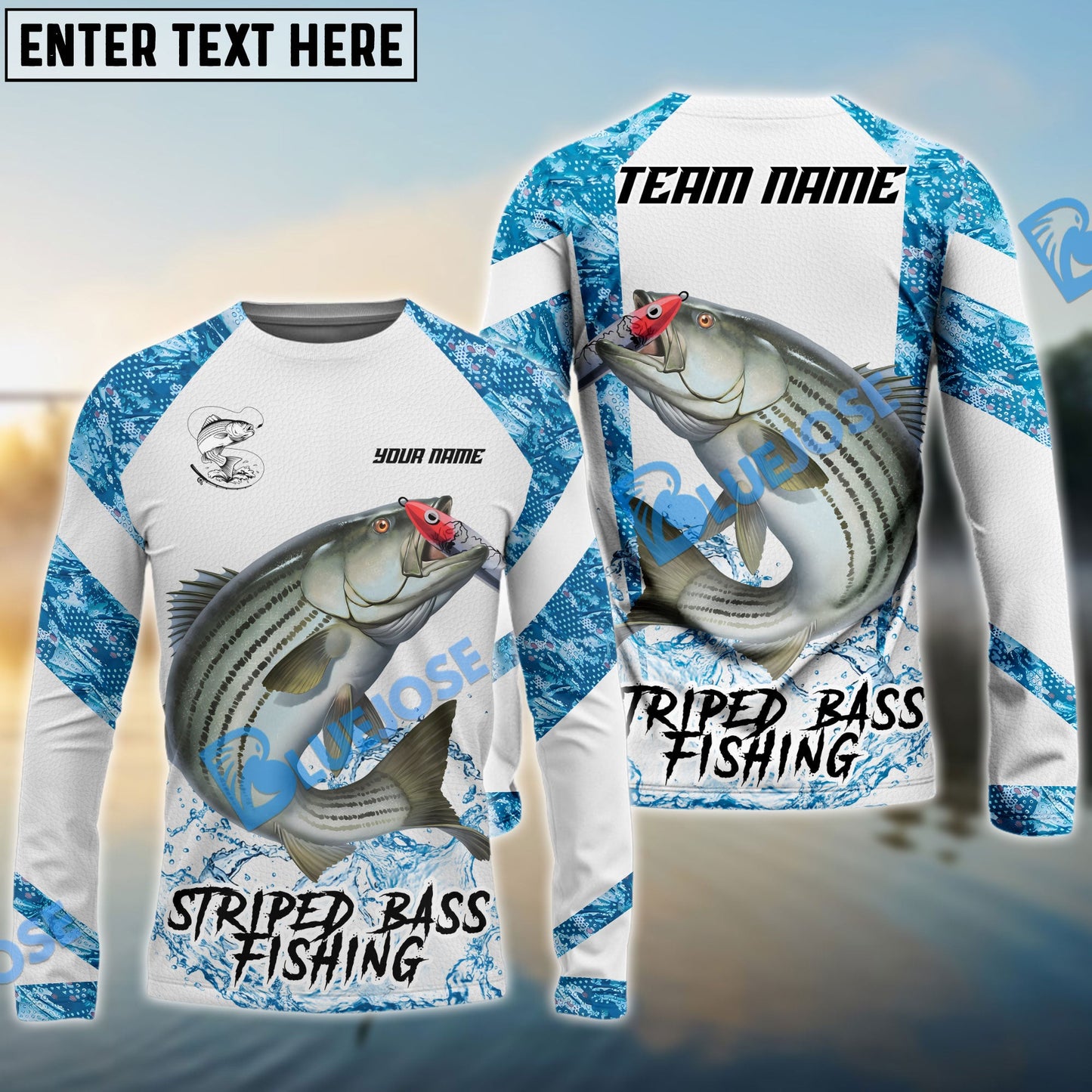 Frenzidea Striped Bass Fishing Blue Camo White Pattern Sport Custom Name & Team Name 3D Shirts
