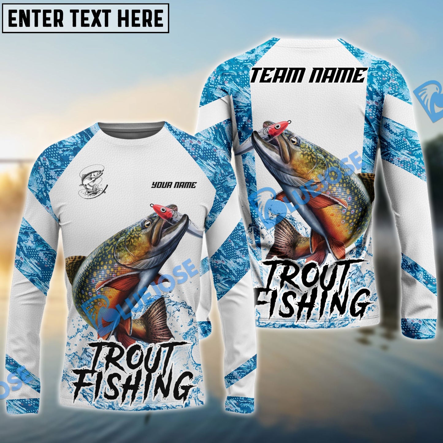 Frenzidea Trout Fishing Blue Camo White Pattern Sport Custom Name & Team Name 3D Shirts