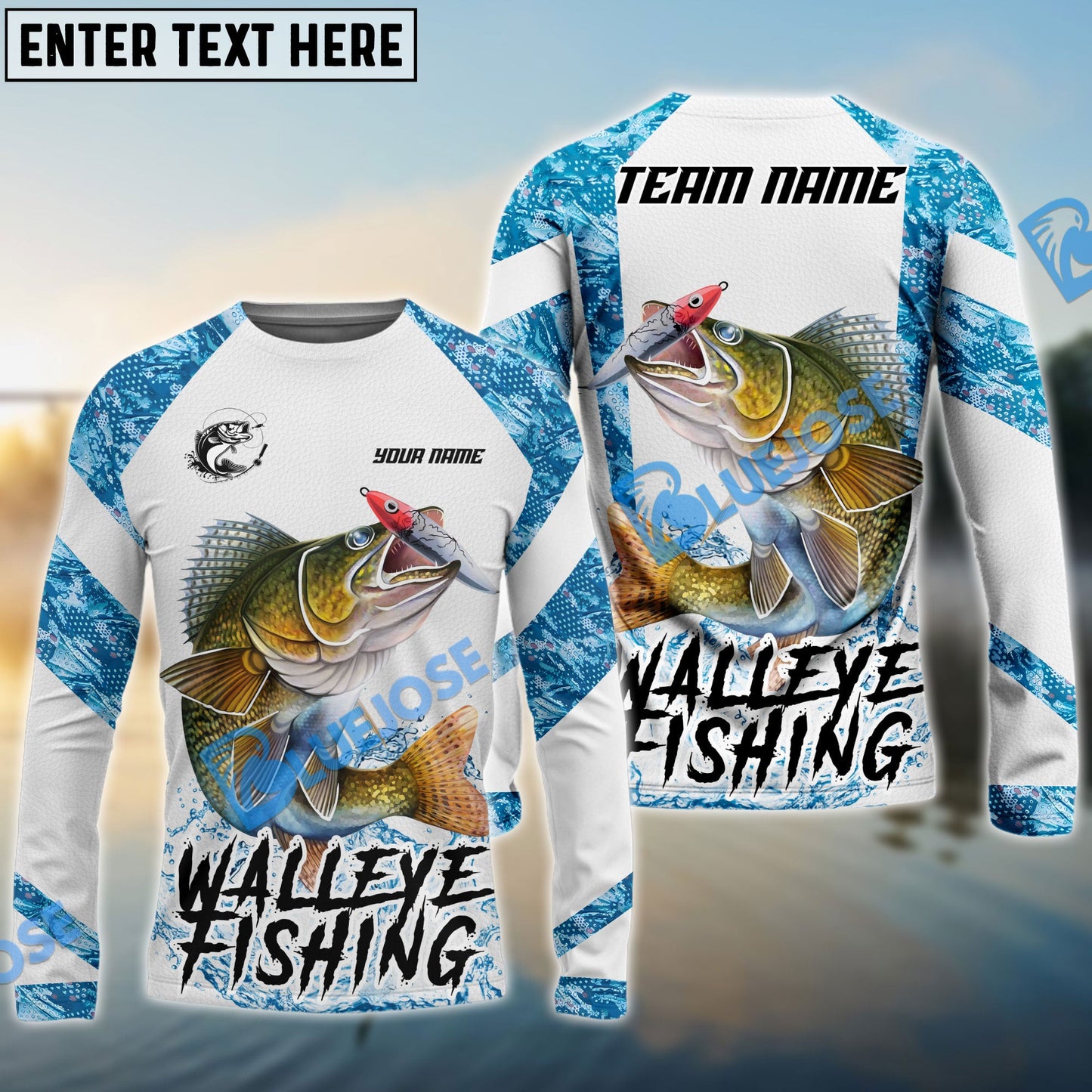 Frenzidea Walleye Fishing Blue Camo White Pattern Sport Custom Name & Team Name 3D Shirts