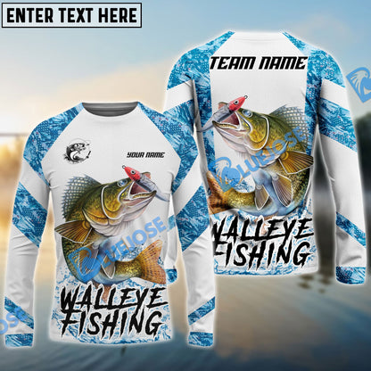 Frenzidea Walleye Fishing Blue Camo White Pattern Sport Custom Name & Team Name 3D Shirts