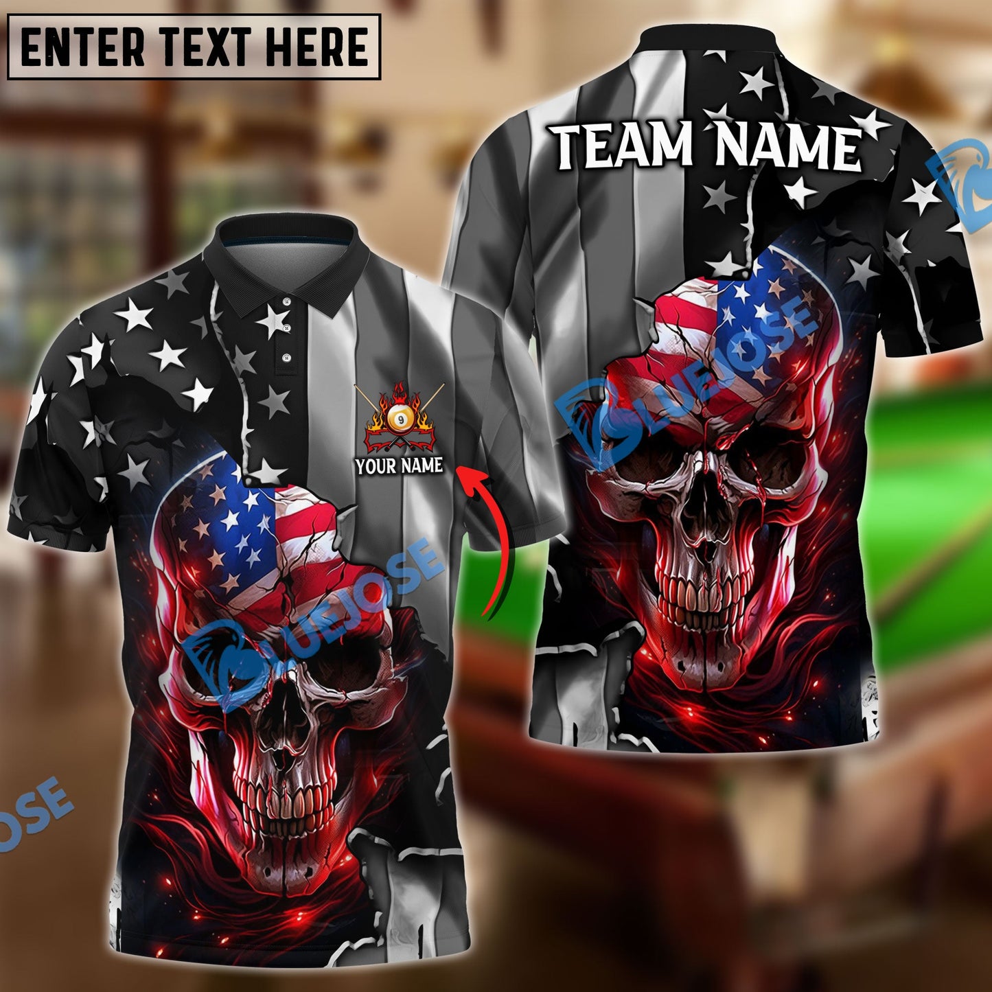 Frenzidea Billiard Ball 9 American Skull Metal Art Personalized Name, Team Name Unisex Shirt