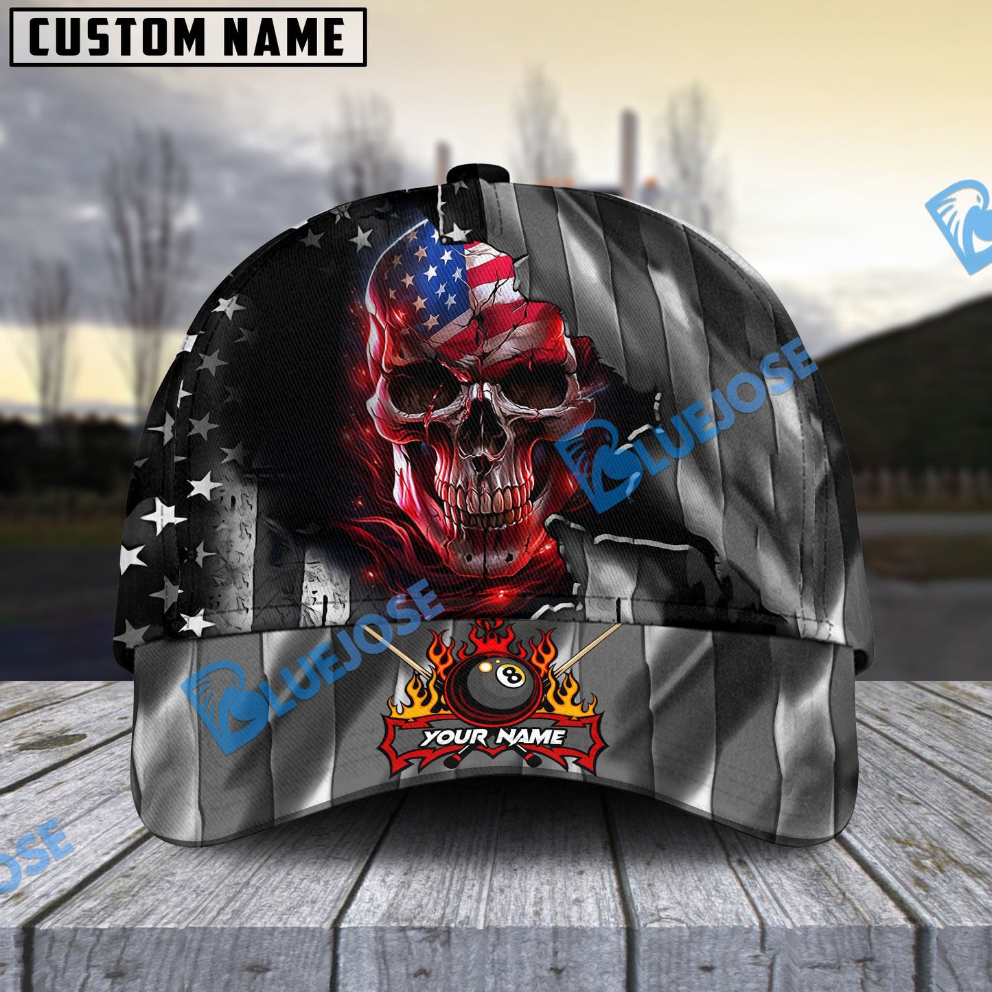 Frenzidea Billiards Ball 8 American Skull Metal Art Personalized Name Cap
