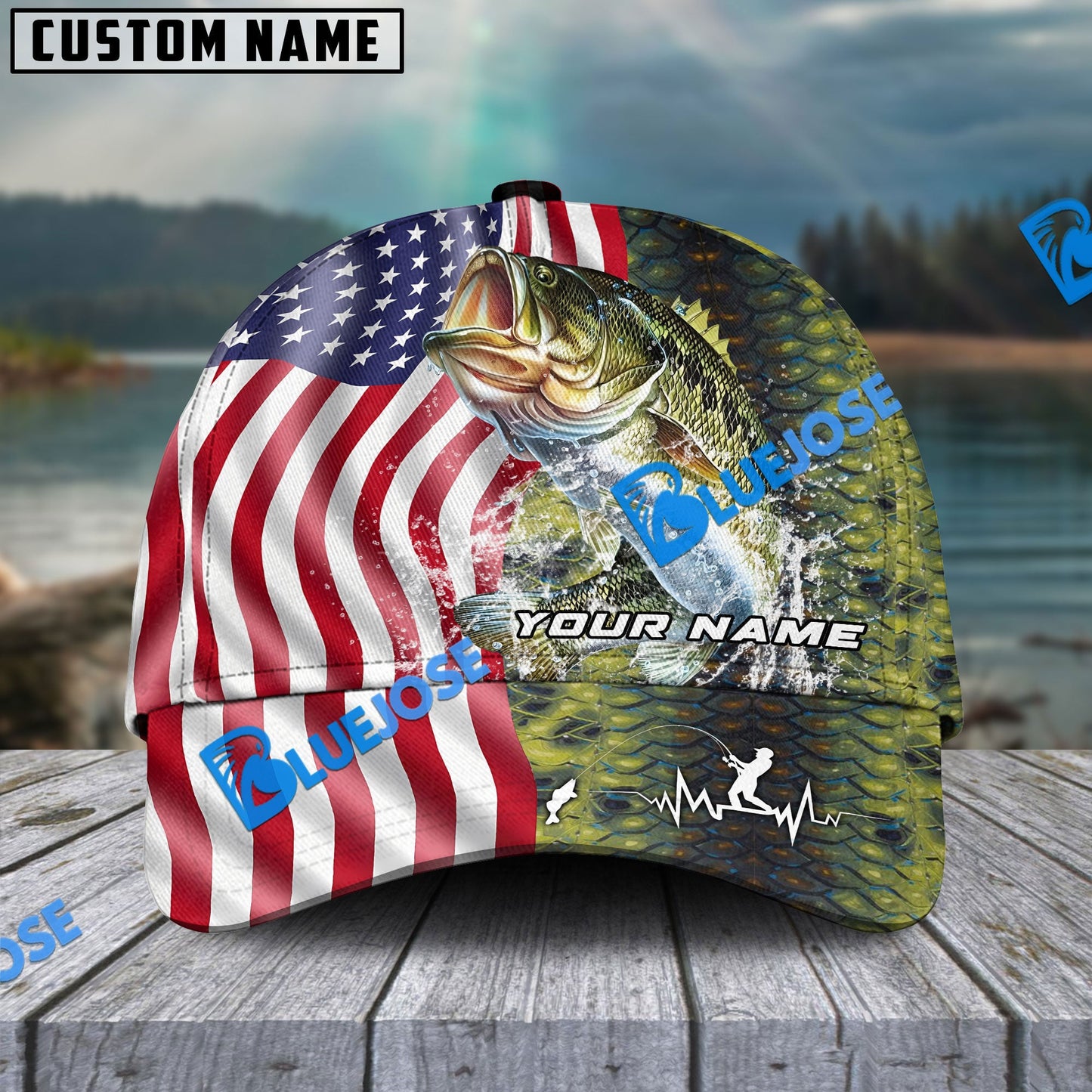 Frenzidea Personalized Large Mouth Bass Skin American Flag Fishing Classic Cap