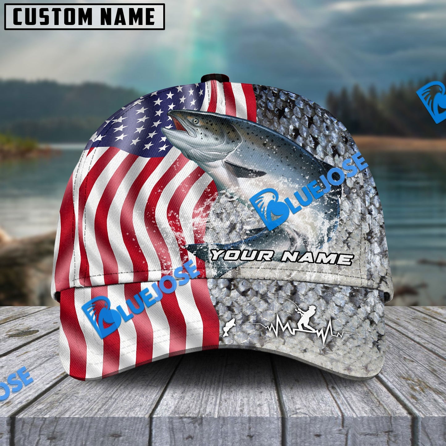 Frenzidea Personalized Salmon Skin American Flag Fishing Classic Cap