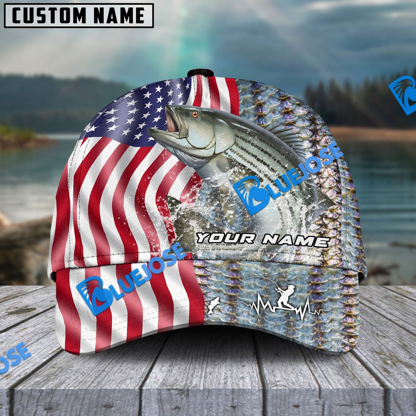Frenzidea Personalized Striped Bass Skin American Flag Fishing Classic Cap