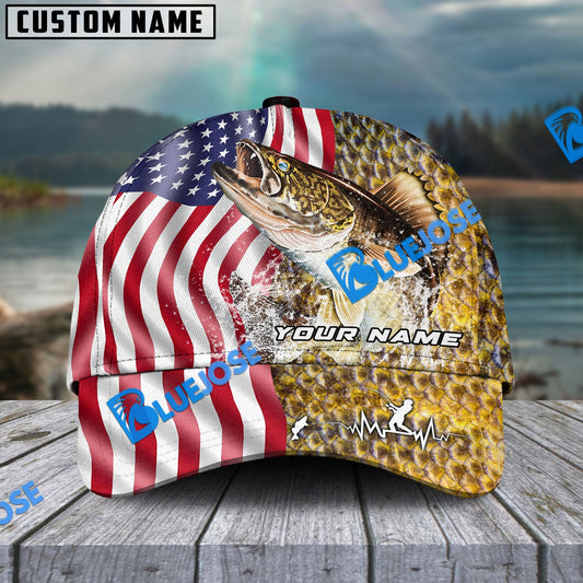 Frenzidea Personalized Walleye Skin American Flag Fishing Classic Cap