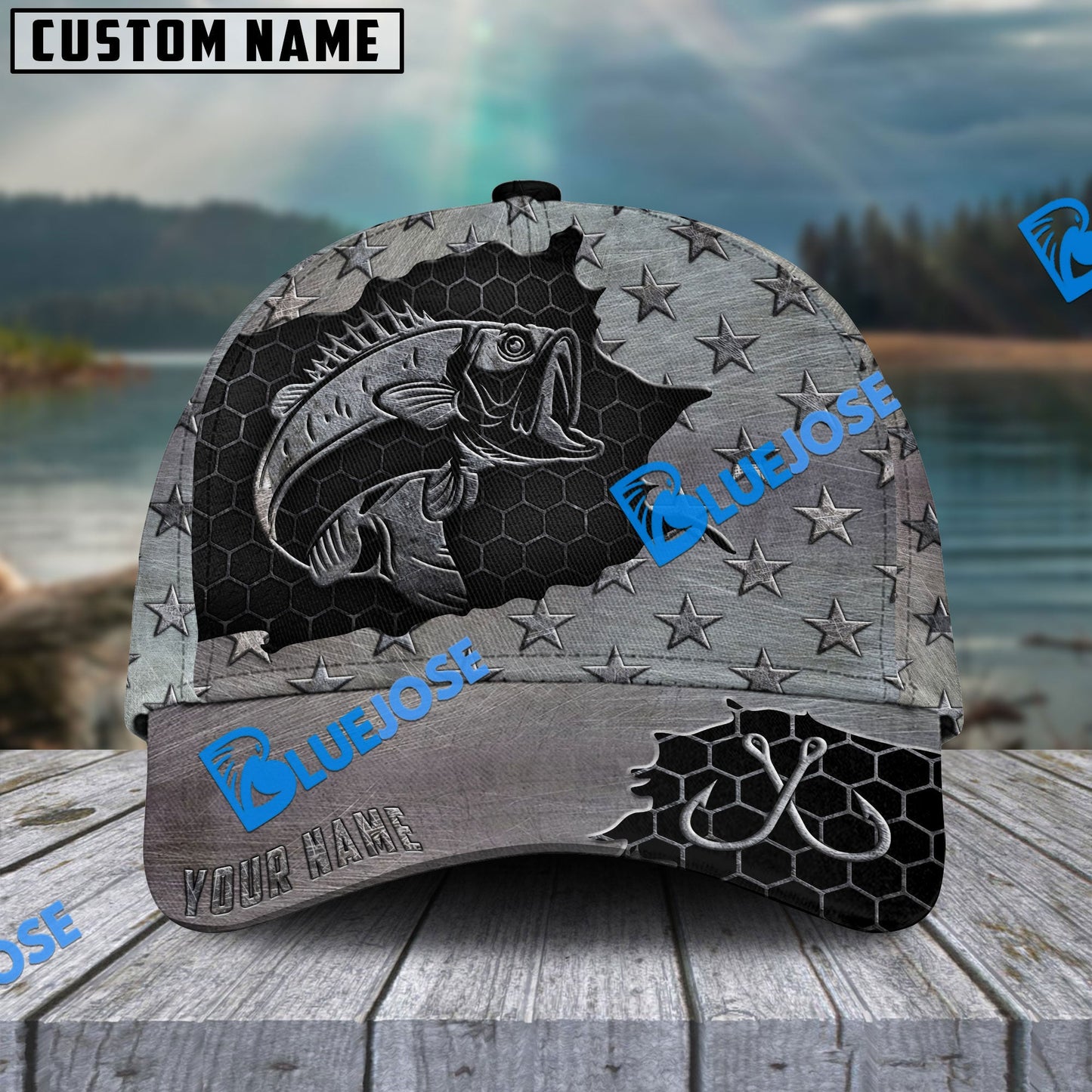 Frenzidea Personalized Large Mouth Bass Fishing Black Metal Pattern Classic Cap