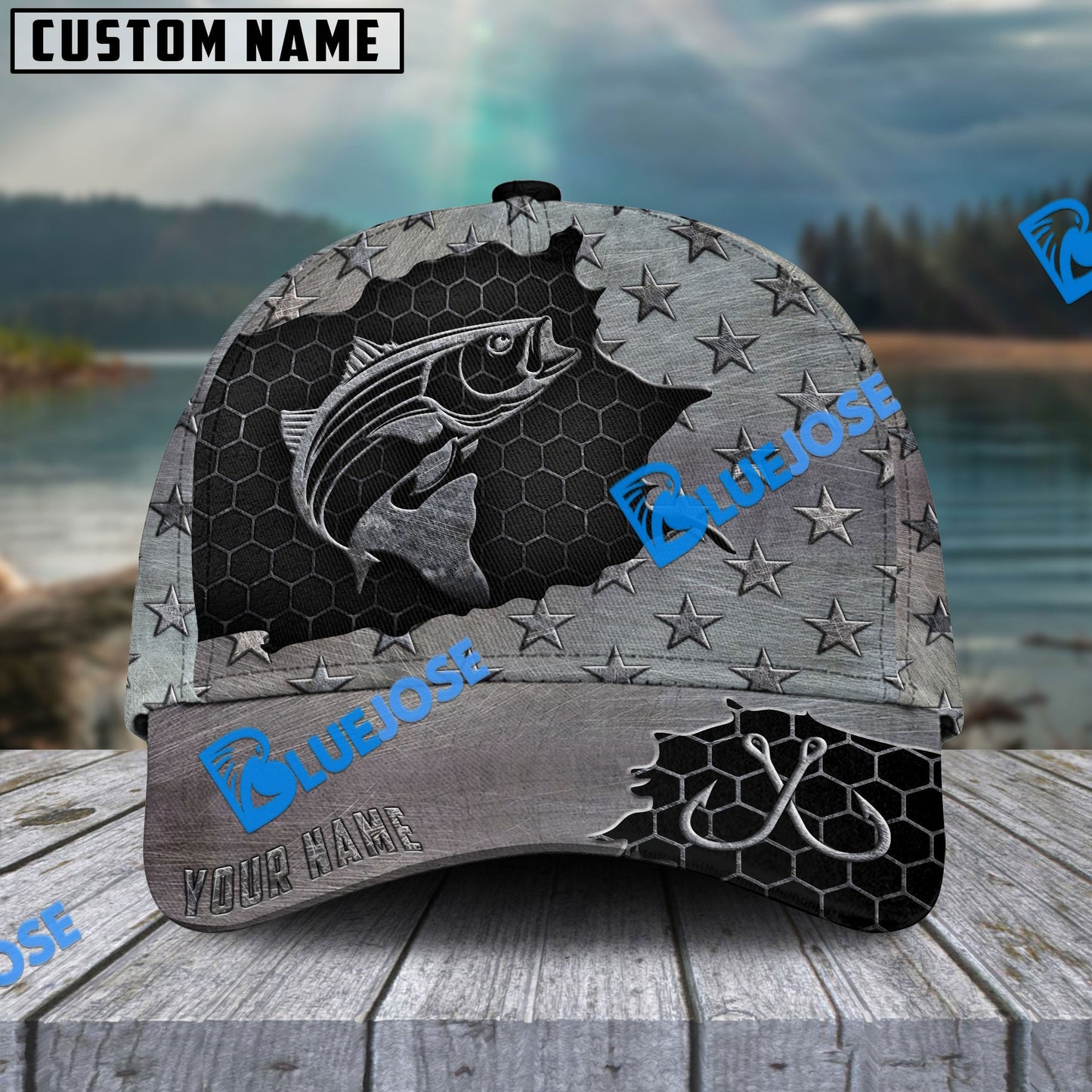 Frenzidea Personalized Striped Bass Fishing Black Metal Pattern Classic Cap