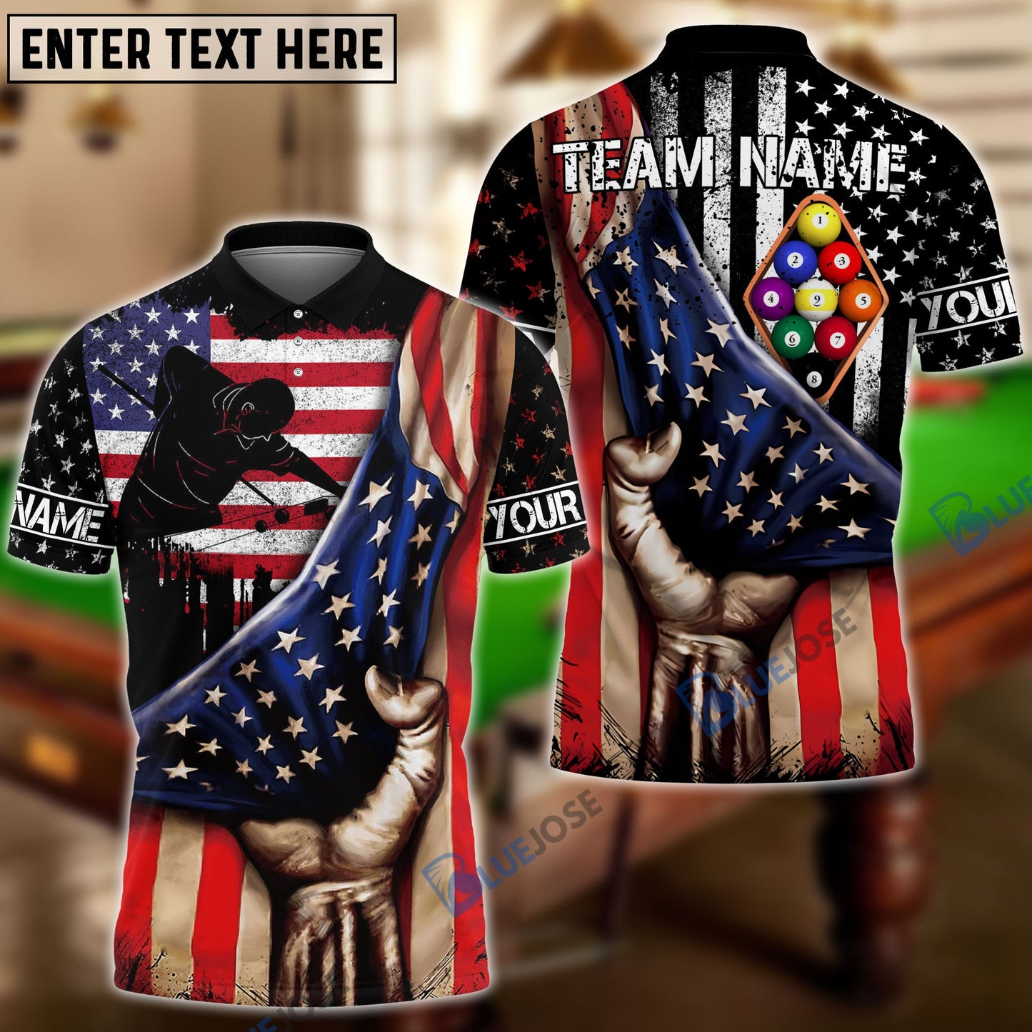 Frenzidea Billiards American Flag 9 Ball Player Personalized Name, Team Name Shirt