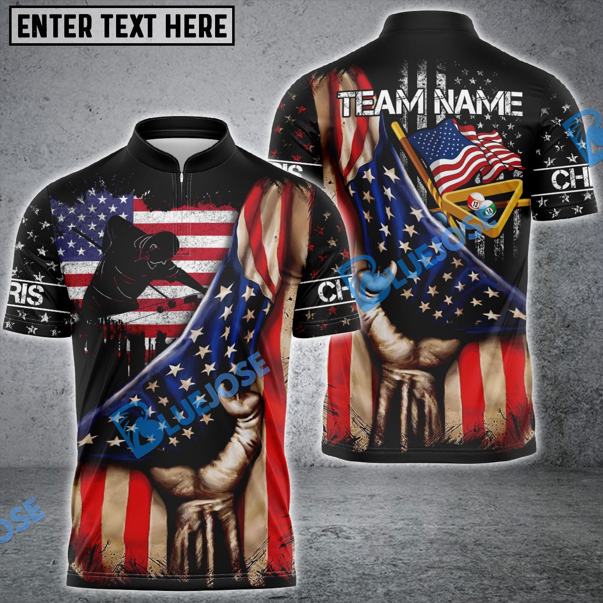 Frenzidea Billiards American Flag Player Personalized Name, Team Name Shirt