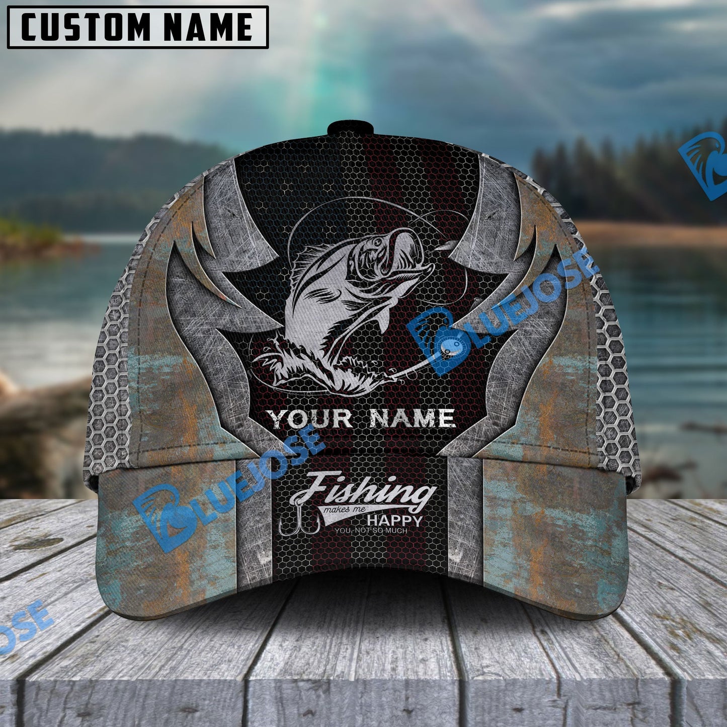 Frenzidea Personalized Bass Fishing American Flag Rusty Metal Pattern Classic Cap