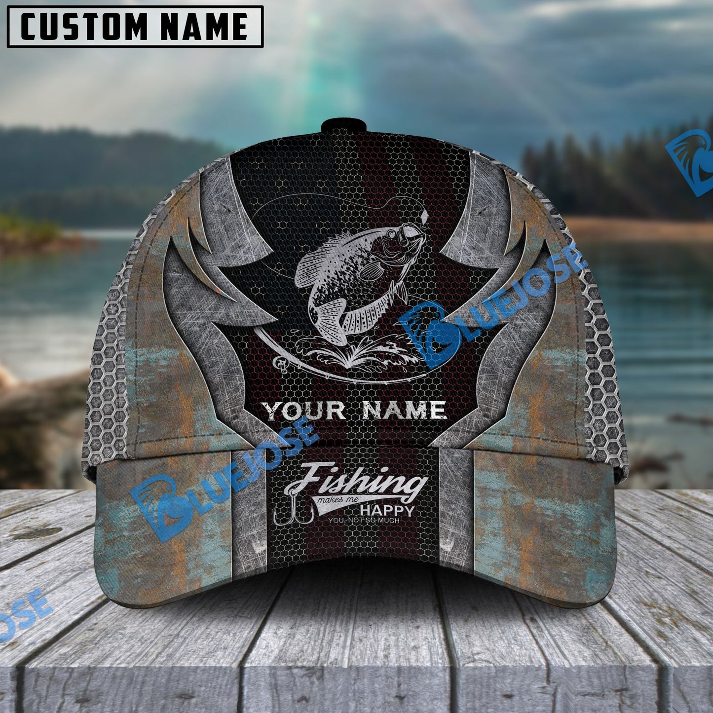 Frenzidea Personalized Crappie Fishing American Flag Rusty Metal Pattern Classic Cap