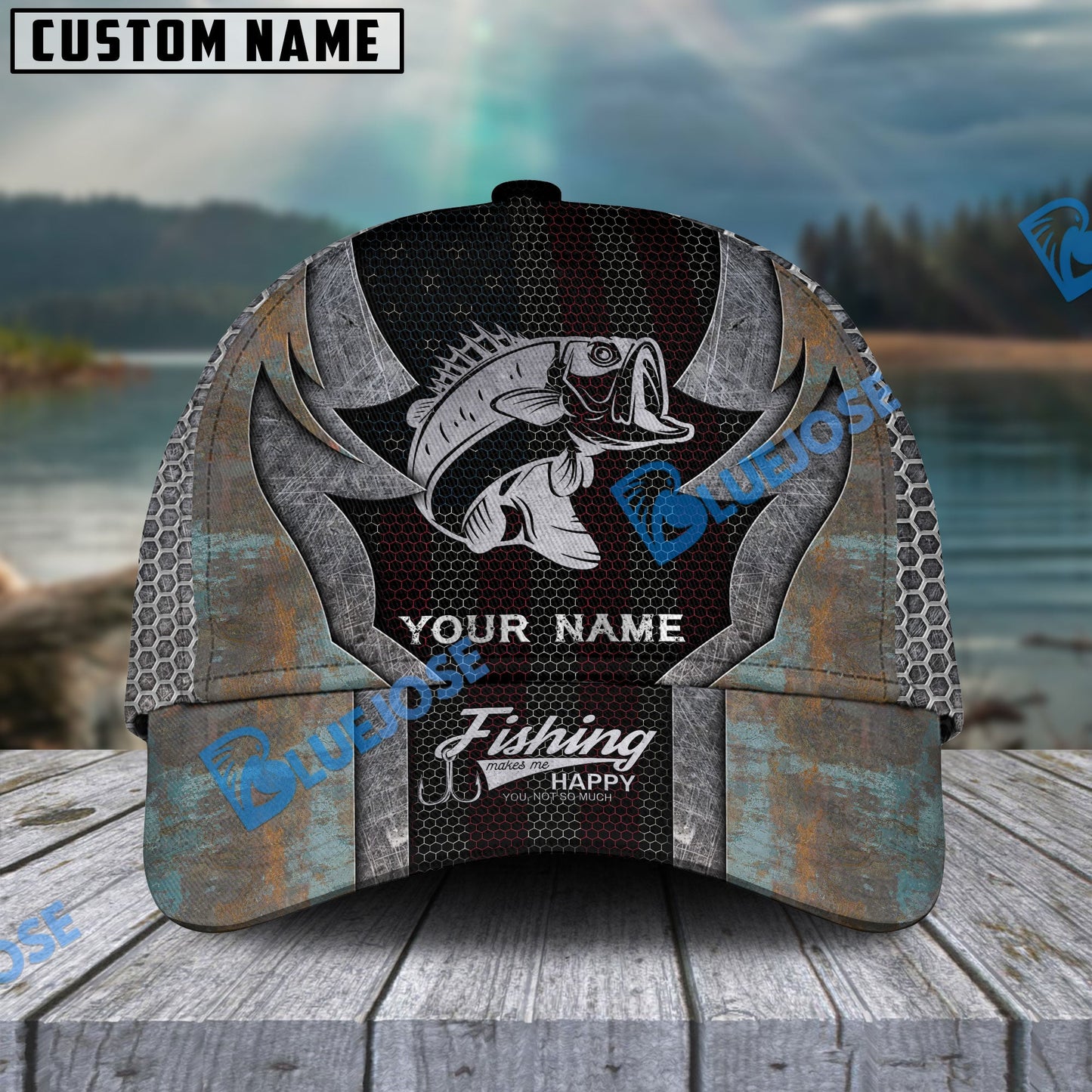 Frenzidea Personalized Large Mouth Bass Fishing American Flag Rusty Metal Pattern Classic Cap