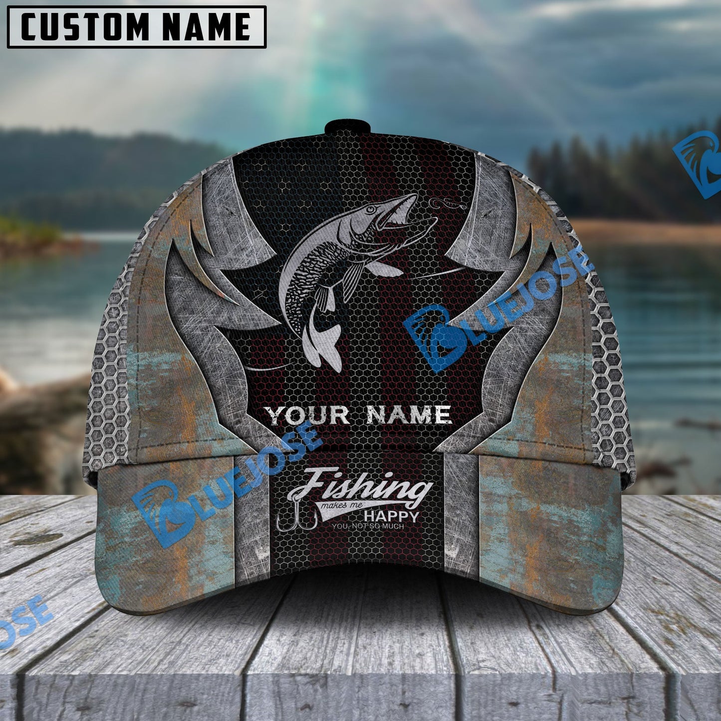 Frenzidea Personalized Musky Fishing American Flag Rusty Metal Pattern Classic Cap
