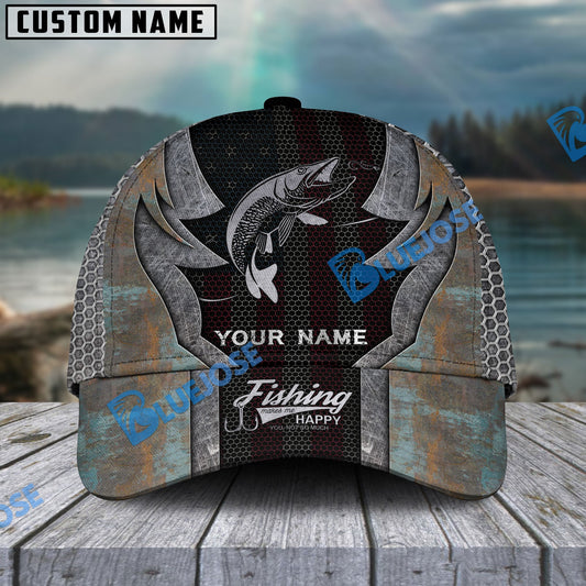 Frenzidea Personalized Musky Fishing American Flag Rusty Metal Pattern Classic Cap