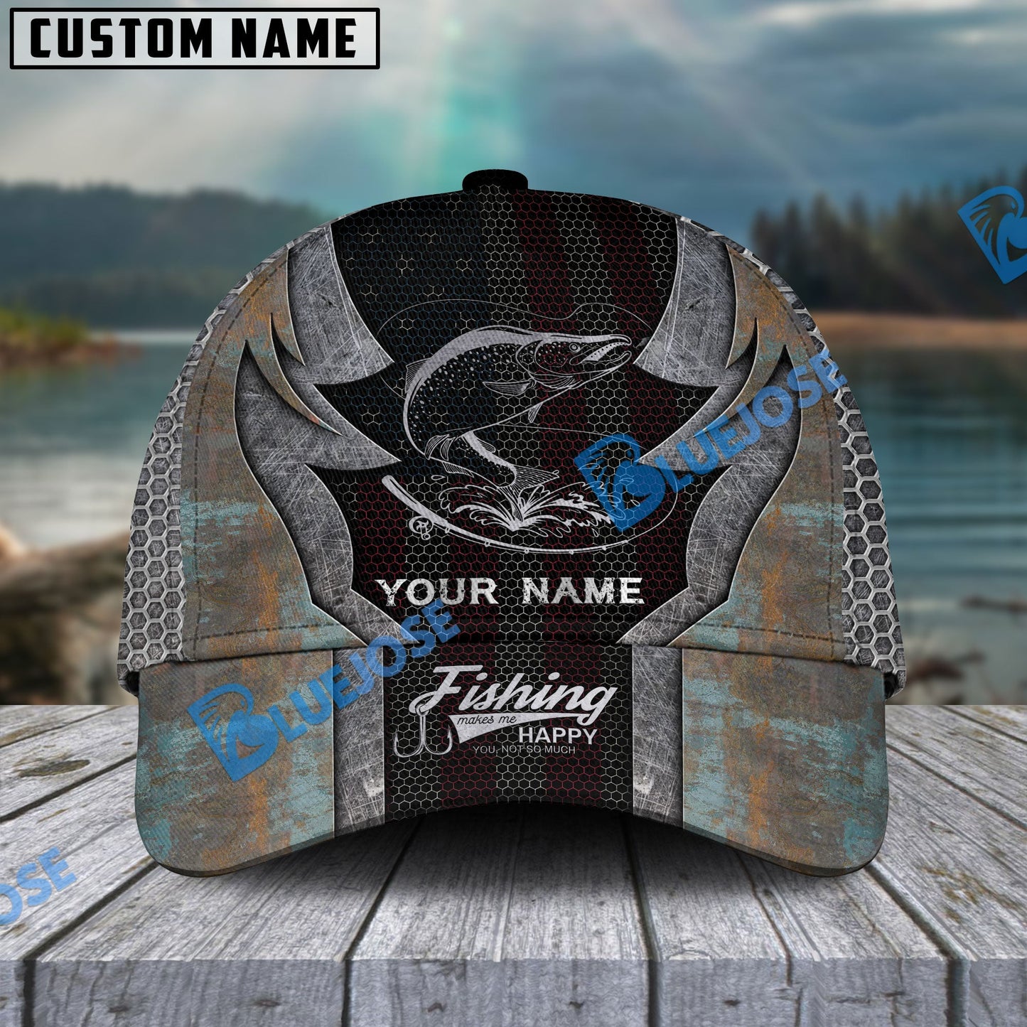 Frenzidea Personalized Salmon Fishing American Flag Rusty Metal Pattern Classic Cap