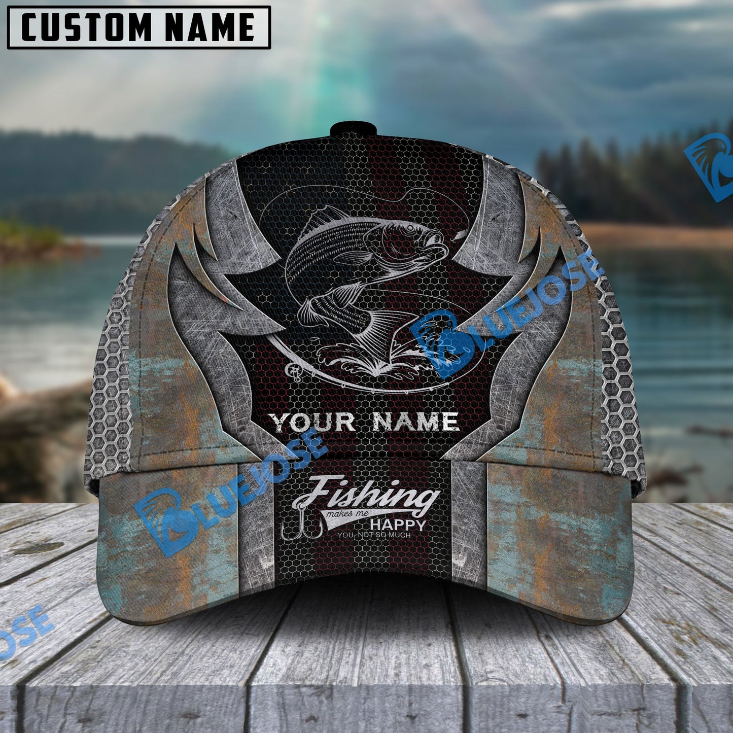 Frenzidea Personalized Striped Bass Fishing American Flag Rusty Metal Pattern Classic Cap
