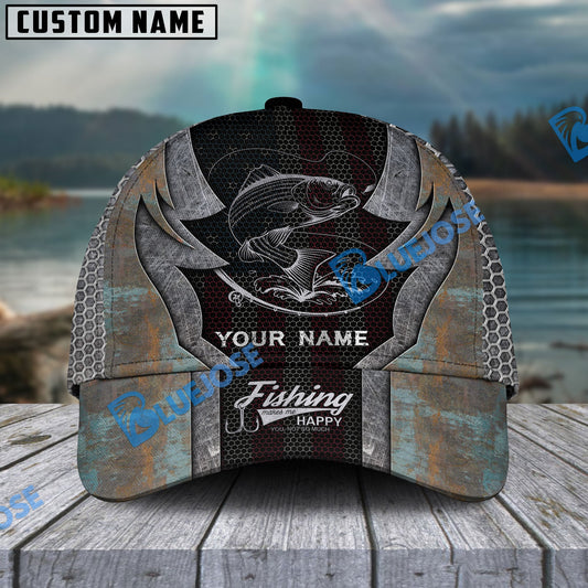 Frenzidea Personalized Striped Bass Fishing American Flag Rusty Metal Pattern Classic Cap