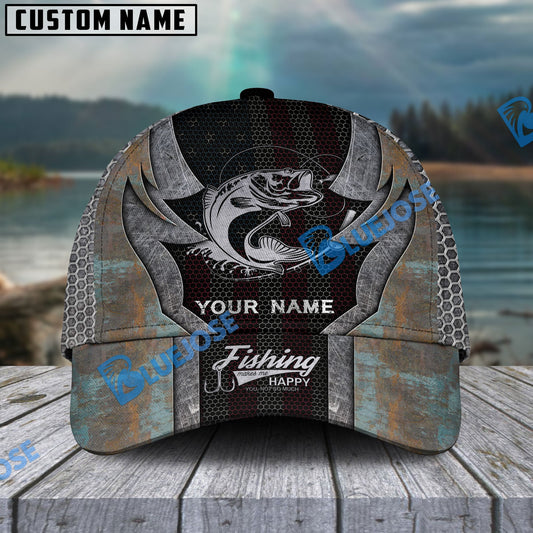Frenzidea Personalized Walleye Fishing American Flag Rusty Metal Pattern Classic Cap