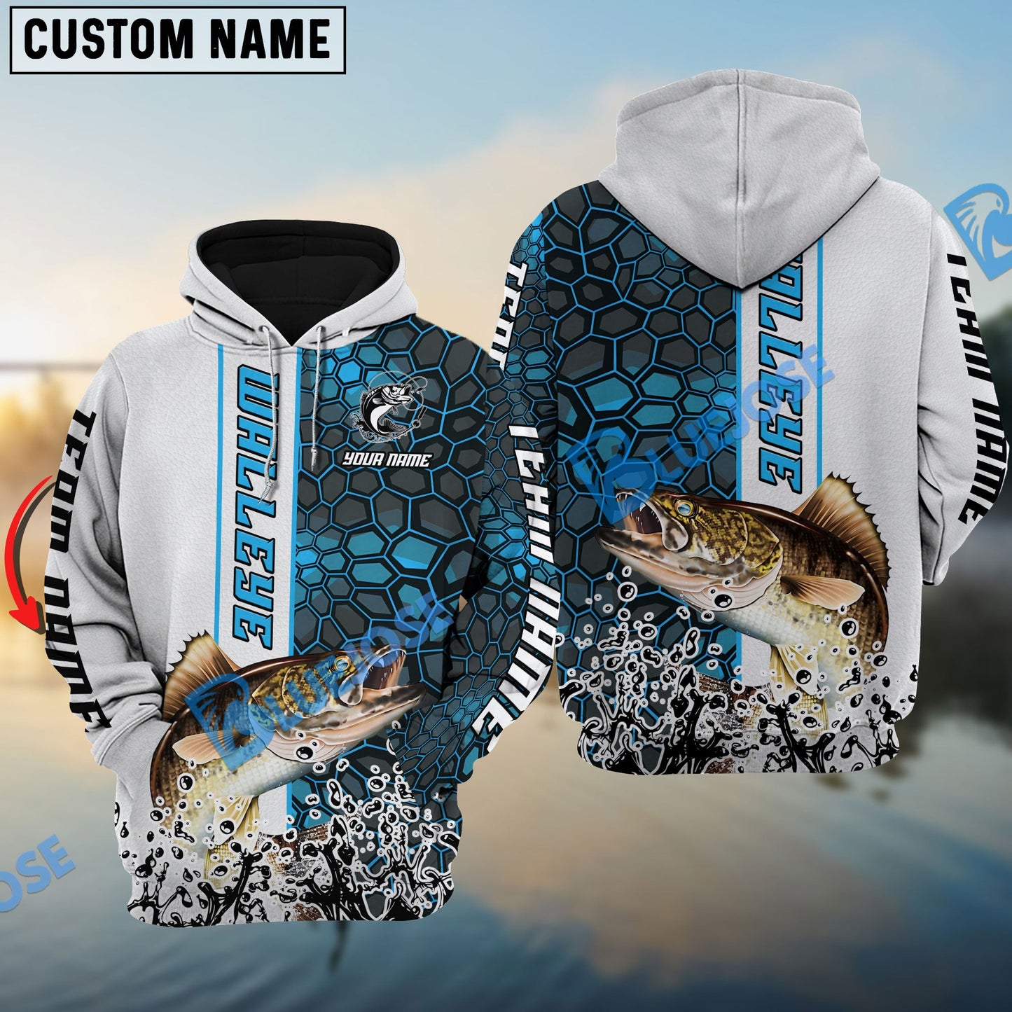 Frenzidea Walleye Fishing Blue Fin Bling Camo Sport Custom Name & Team Name 3D Shirts