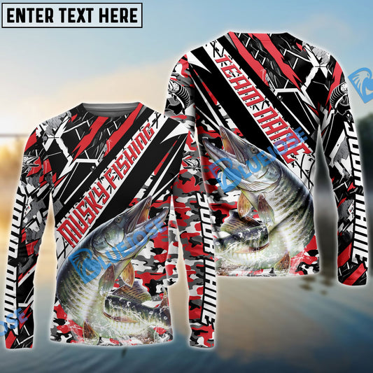 Frenzidea Musky Fishing Red Grunge Camo Custom Name & Team Name 3D Shirts