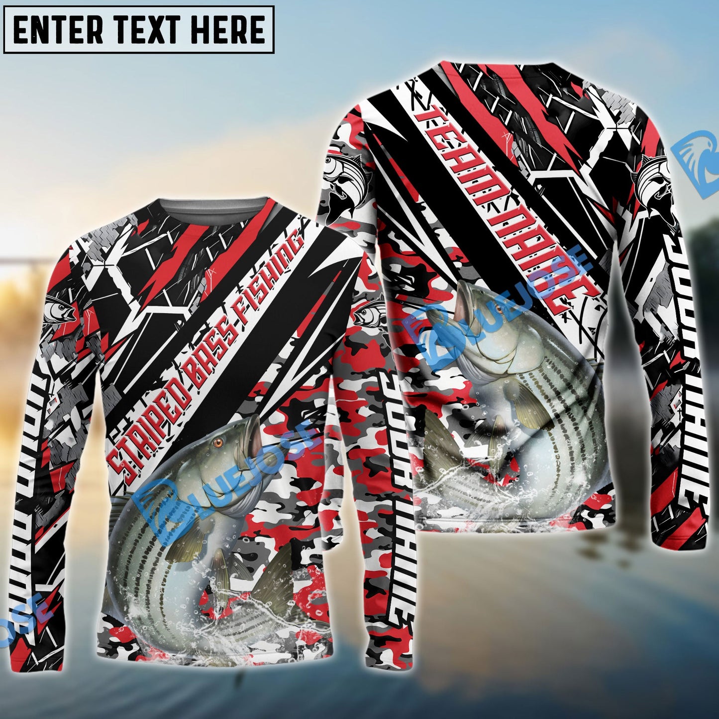 Frenzidea Striped Bass Fishing Red Grunge Camo Custom Name & Team Name 3D Shirts