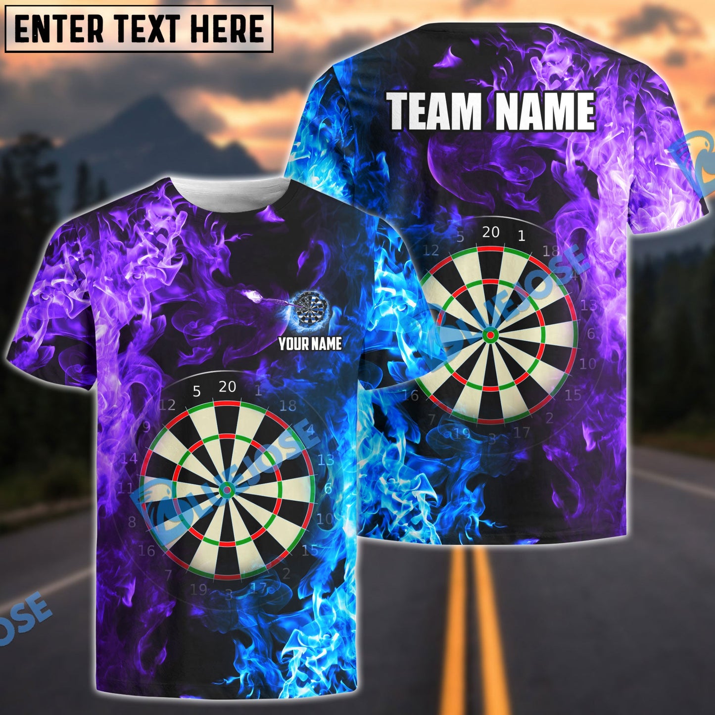 Frenzidea Darts Two Sides Flame  Personalized Name, Team Name 3D Shirt (4 Colors)