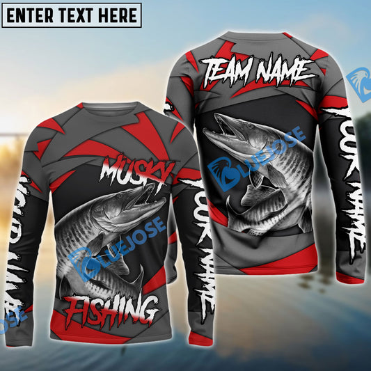 Frenzidea Musky Fishing Red Gray Spinning Pattern Custom Name & Team Name 3D Shirts