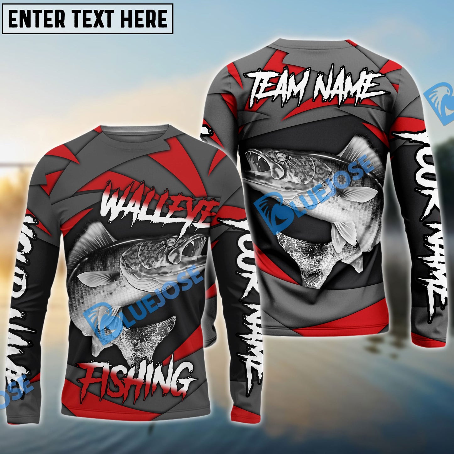 Frenzidea Walleye Fishing Red Gray Spinning Pattern Custom Name & Team Name 3D Shirts