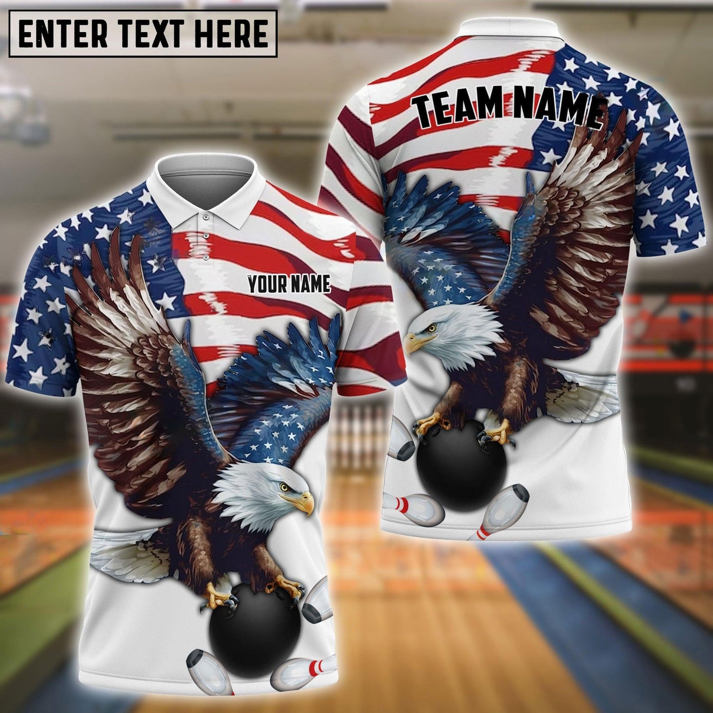 Frenzideas Bowling And Pins Eagle US Flag Retro Personalized Name, Team Name Unisex Shirt