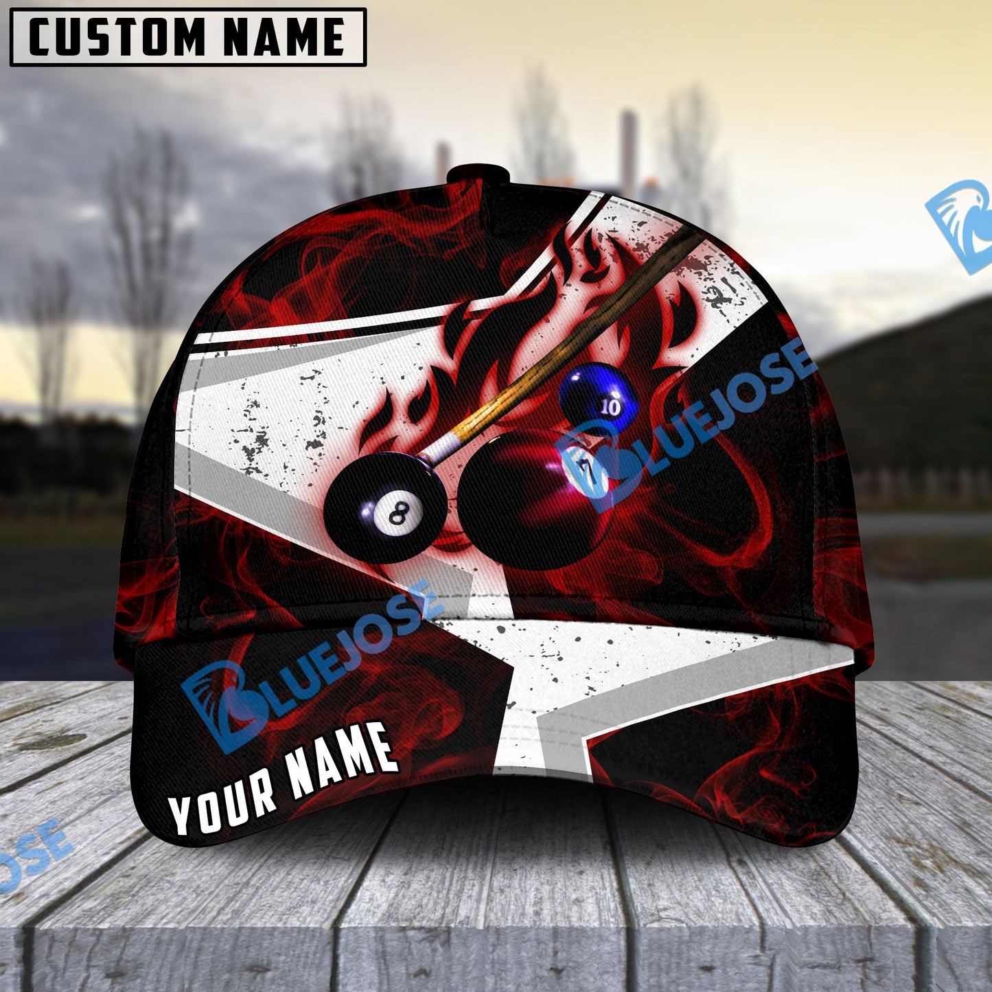 Frenzidea Billiards Ball 8 Dark Flame Stroke Personalized Name Cap (6 Colors)