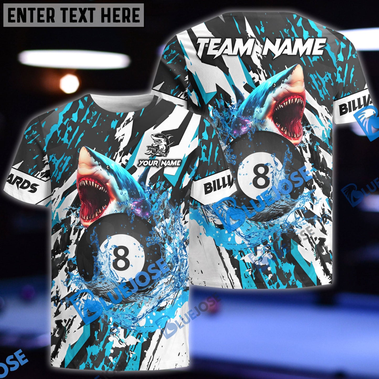 Frenzidea Billiards Ball 8 Grunge Shark Personalized Name, Team Name Unisex Shirt ( 4 Colors )