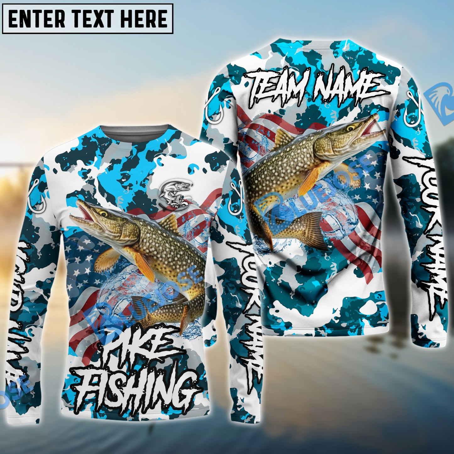 Frenzidea Pike Fishing American Flag Light Blue Camo Custom Name & Team Name 3D Shirts