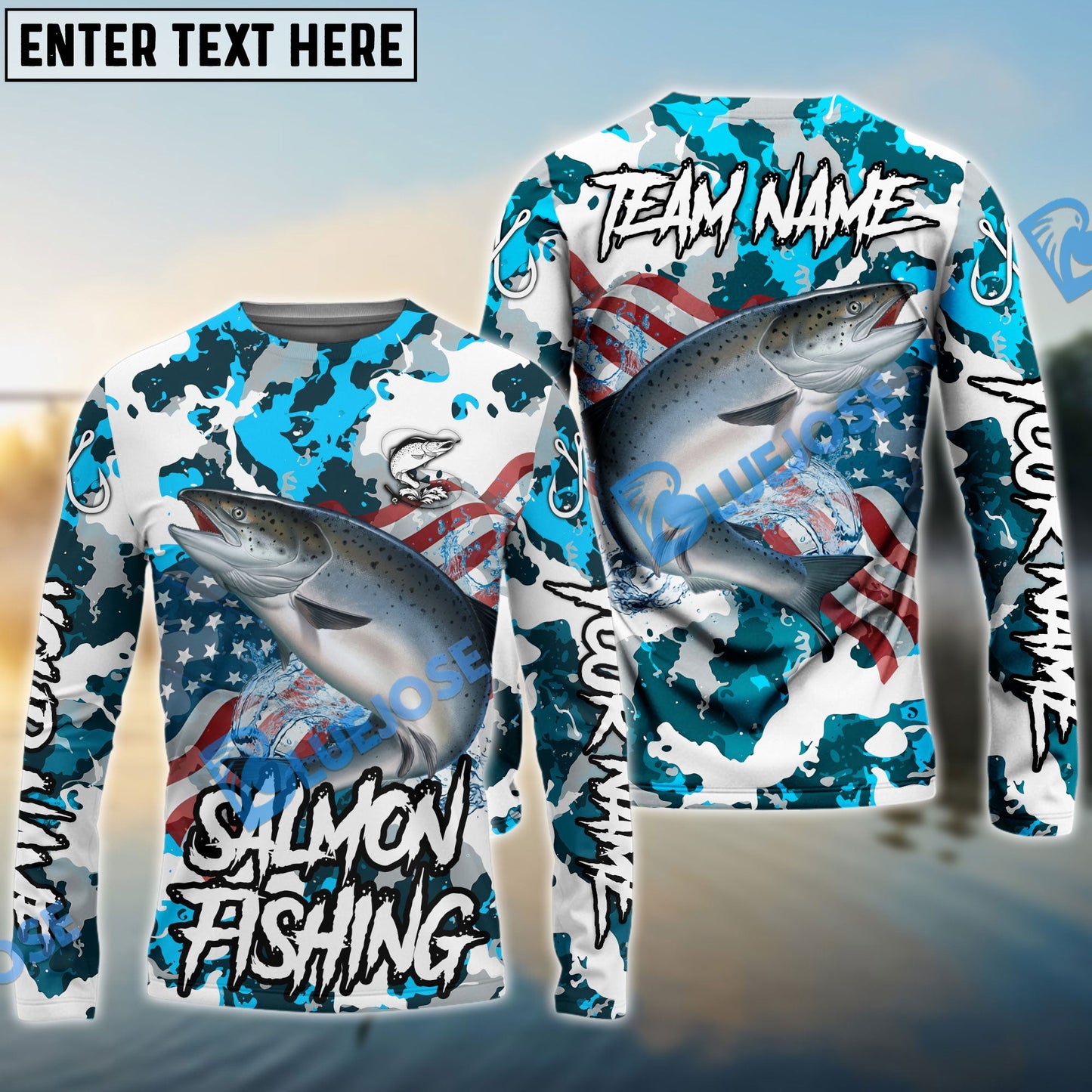 Frenzidea Salmon Fishing American Flag Light Blue Camo Custom Name & Team Name 3D Shirts