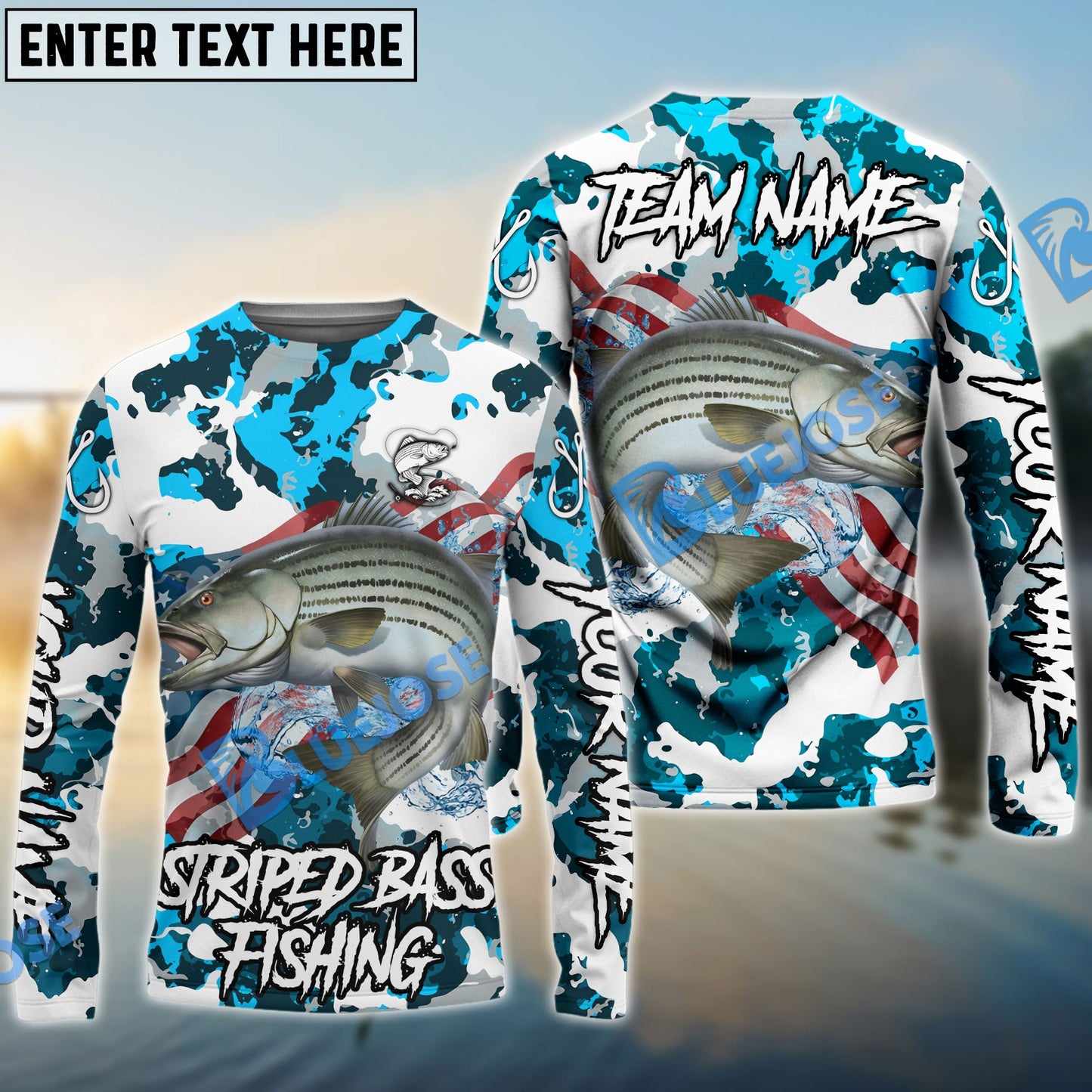 Frenzidea Striped Bass Fishing American Flag Light Blue Camo Custom Name & Team Name 3D Shirts
