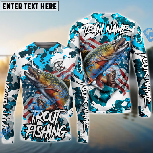 Frenzidea Trout Fishing American Flag Light Blue Camo Custom Name & Team Name 3D Shirts