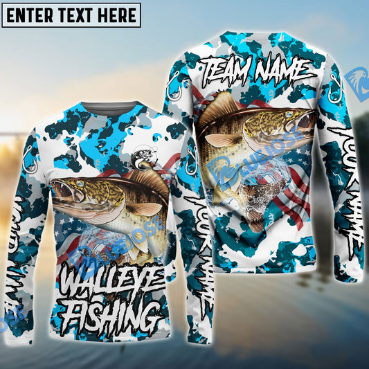Frenzidea Walleye Fishing American Flag Light Blue Camo Custom Name & Team Name 3D Shirts